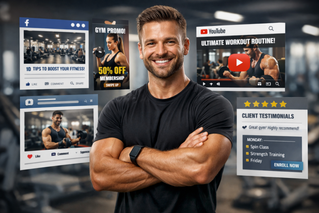 Mosolygó fitnesz edző digitális platformok (Facebook, YouTube, Google vélemények) lebegő ablakaival körülvéve egy konditeremben.