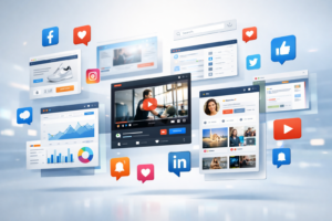 Különböző online platformok, közösségi média ikonok, grafikonok és videós felületek absztrakt vizualizációja világos háttér előtt.